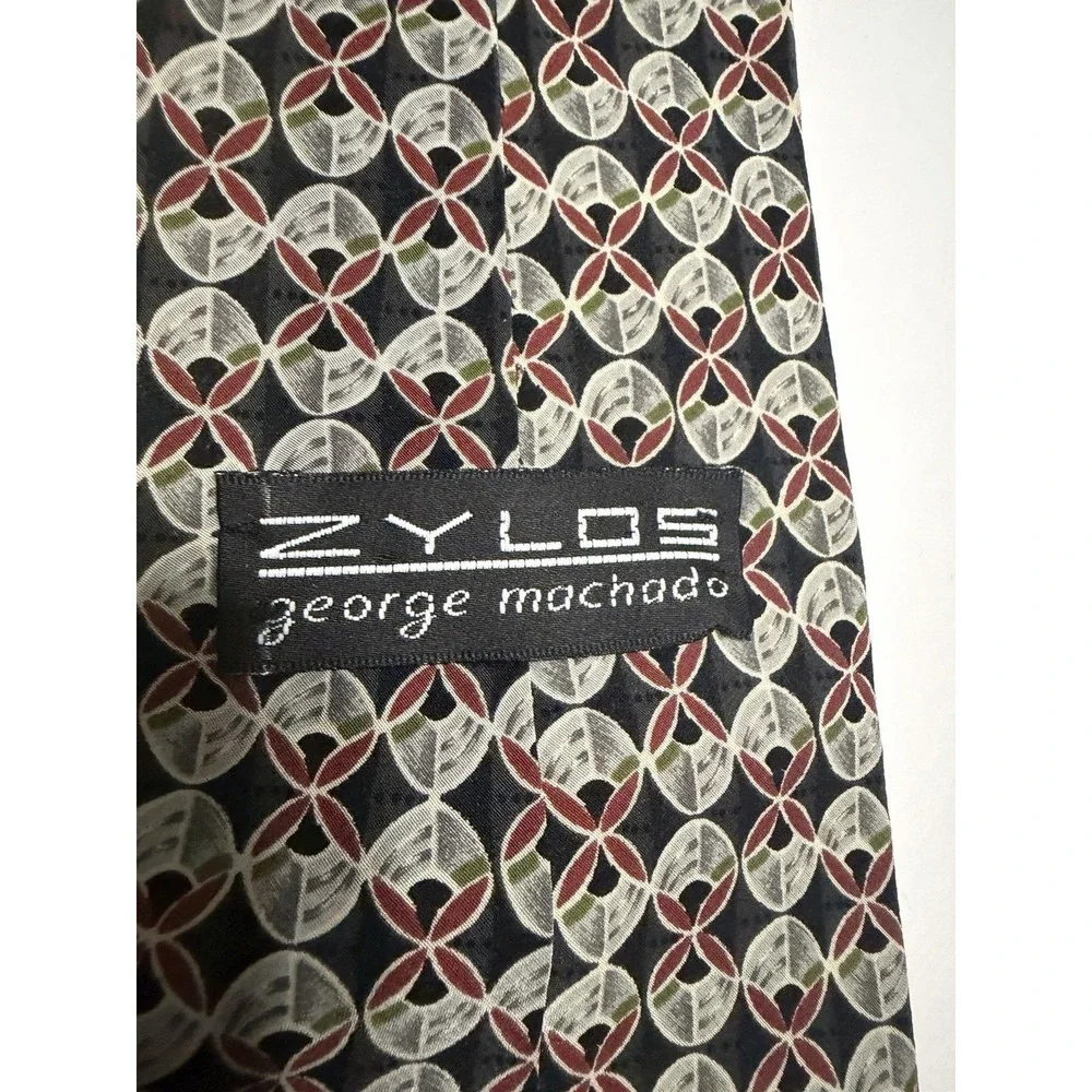 Zylos George Machado Silk Tie Geometric Medallion Black Burgundy Made in USA